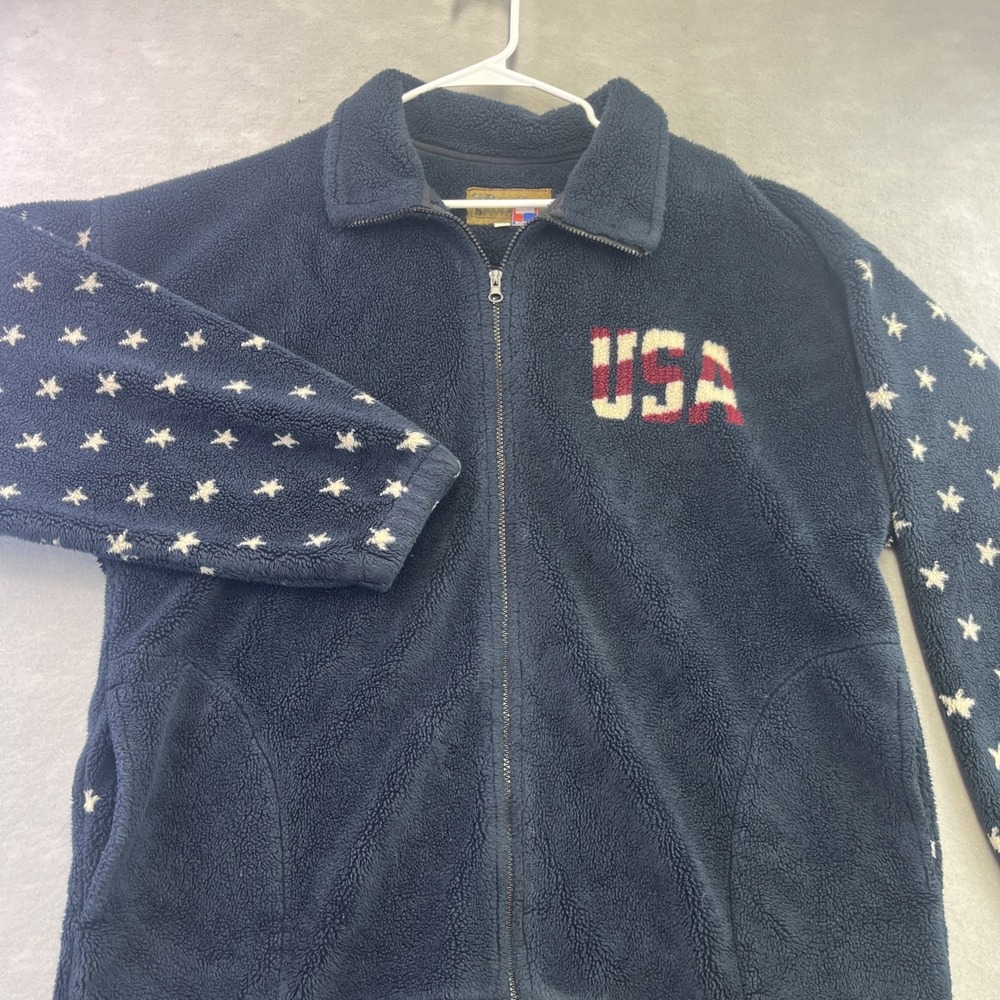 Bear Ridge Jacket Mens XL Navy Blue Fleece USA Flag Stars Patriotic Vintage